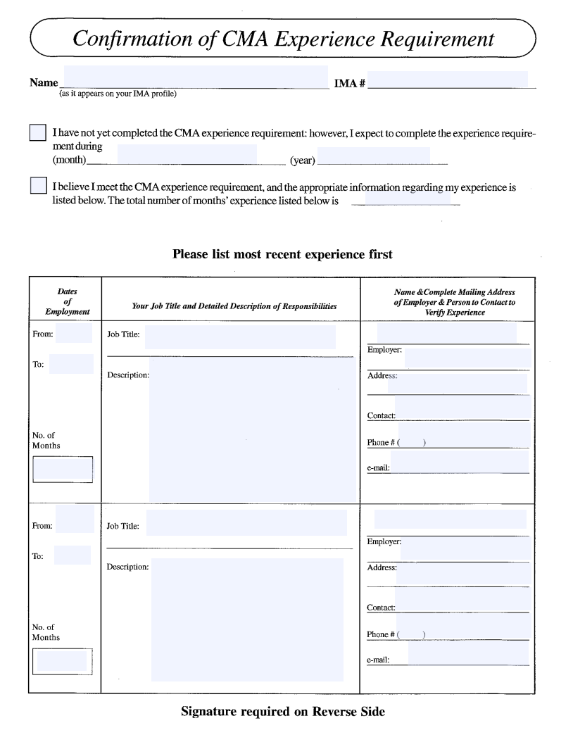 CMA工作经验认证申请表 会乐人网校 华夏永道CMA